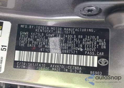 2020 Toyota Camry Le z USA, uszkodzony, nr VIN 4T1C11AKXLU887521